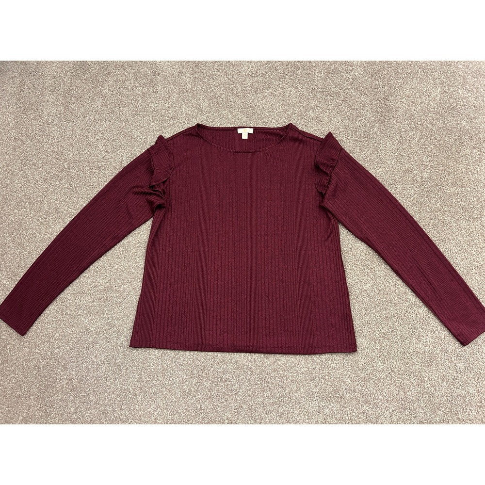 Fall Fashion C Long Sleeve Ruffle Shoulder Top Women M Burgundy Ribbed Excellent